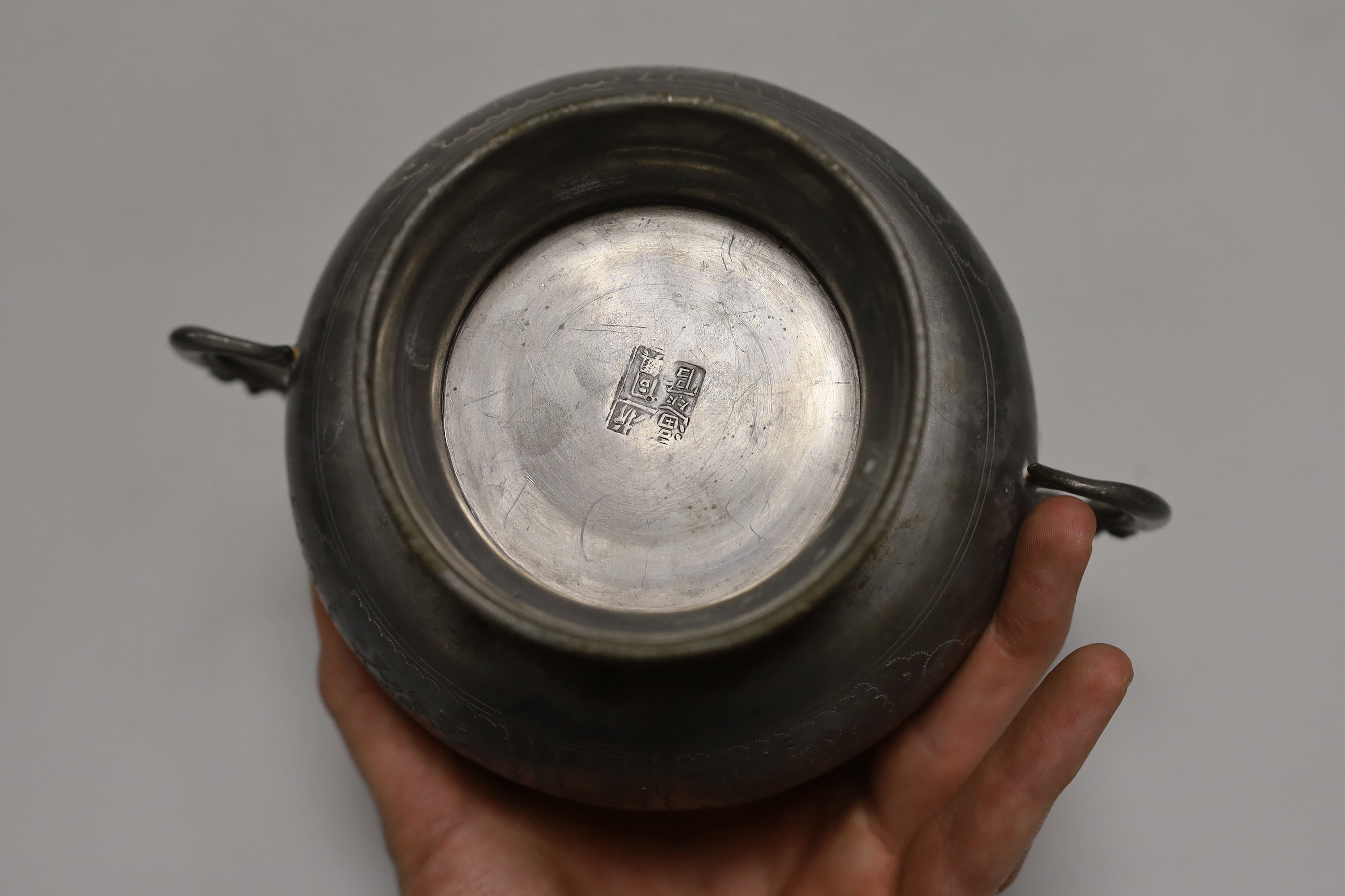 A Chinese export pewter twin-handled inkwell, the cover inset with polished hardstones, 13cm high